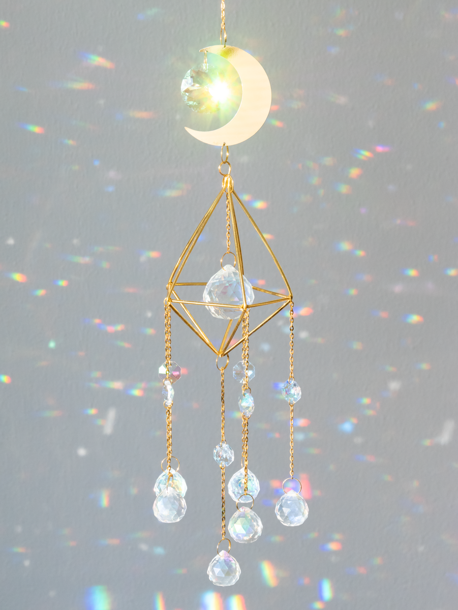 Suncatcher met maan goud met veel kristallen