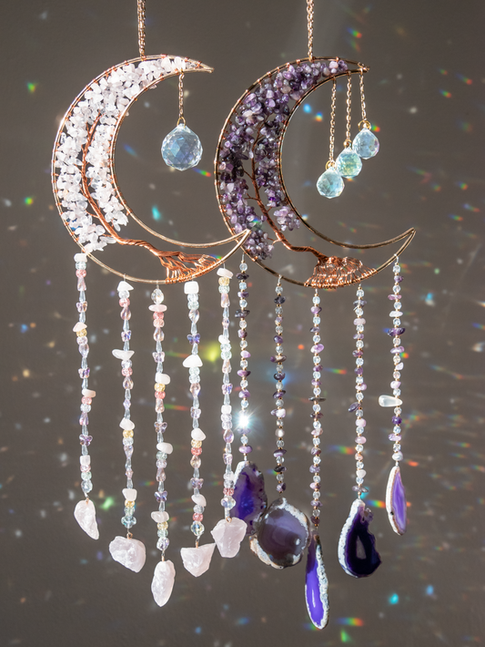 Maanhanger levensboom rozenkwarts en amethist en raamkristal